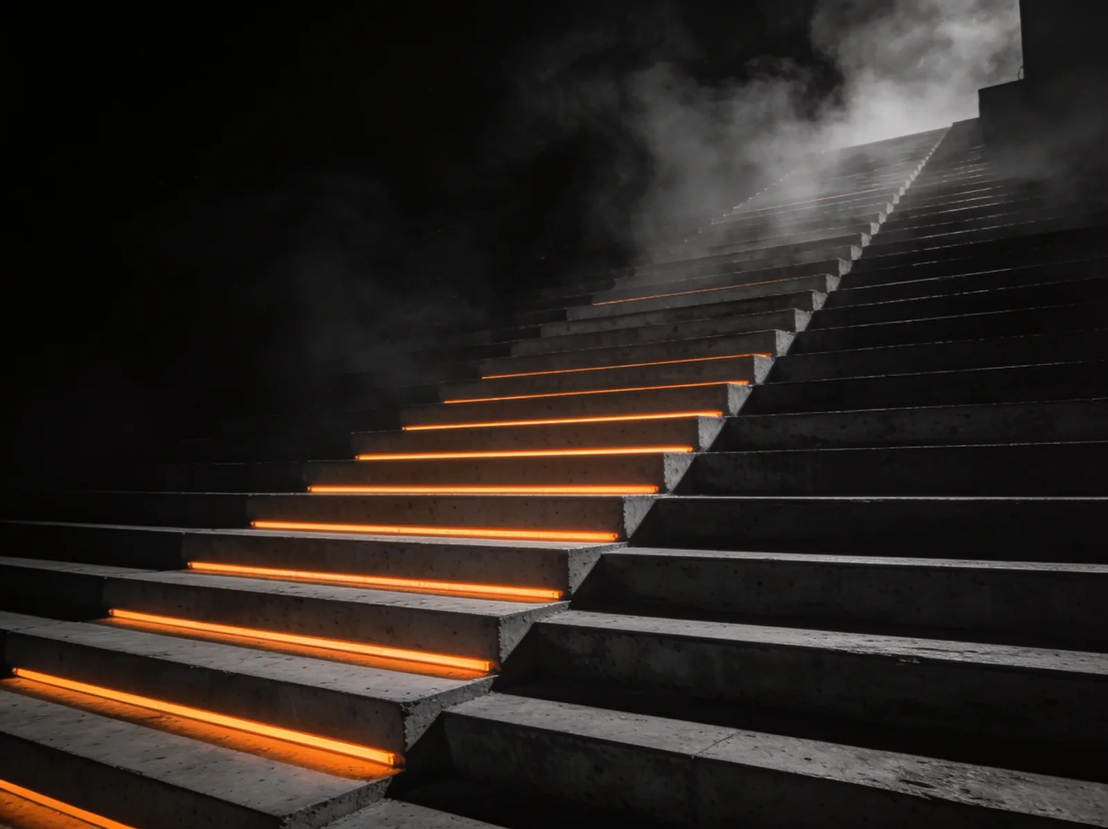 Escadaria de concreto subindo na escuridão, cada degrau iluminado em laranja